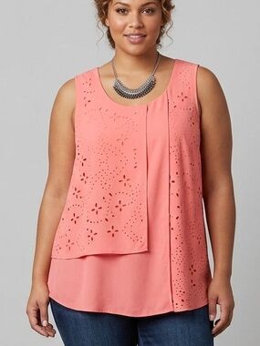 NWT PENNINGTONS Coral Layered Lasercut Floral Eyelet Cutwork Tank Top size X